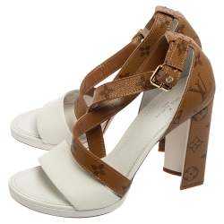 Pre Owned Louis Vuitton White/Brown Monogram Canvas and Leather Matchmake Sandals Size 39.5