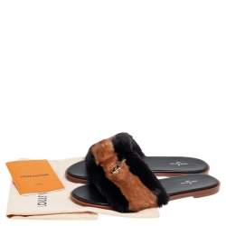 Pre Owned Louis Vuitton Brown/Black Mink Fur Lock It Flat Sandals Size 40