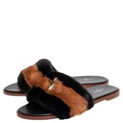 Pre Owned Louis Vuitton Brown/Black Mink Fur Lock It Flat Sandals Size 40