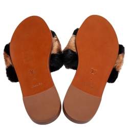 Pre Owned Louis Vuitton Brown/Black Mink Fur Lock It Flat Sandals Size 40