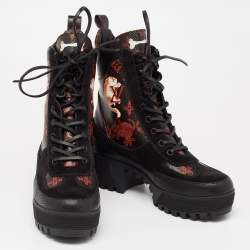 Pre Owned حذاء بوت كاحل لوي فيتون لاوريات كاتوغرام سويدي و كانفاس مقوى أسود/ بني نعل سميك مقاس 37.5