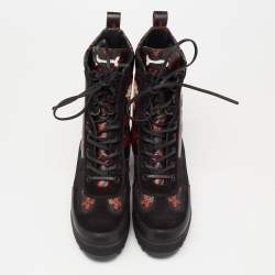 Pre Owned حذاء بوت كاحل لوي فيتون لاوريات كاتوغرام سويدي و كانفاس مقوى أسود/ بني نعل سميك مقاس 37.5