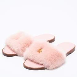 Louis Vuitton Pink/Red Mink Fur Lock It Flat Slide Sandals Size 37.5 Louis  Vuitton