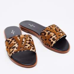 Pre Owned Louis Vuitton Brown/Beige Leopard Print Pony Hair Flat Slides Size 38