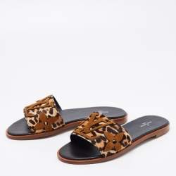 Pre Owned Louis Vuitton Brown/Beige Leopard Print Pony Hair Flat Slides Size 38