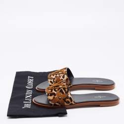 Pre Owned Louis Vuitton Brown/Beige Leopard Print Pony Hair Flat Slides Size 38