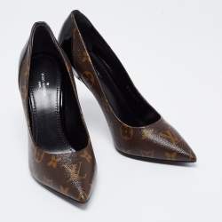 مملوكة مسبقًا حذاء كعب عالي لوي فيتون شيري جلد لامع وكانفاس مونوغرامي أسود/بني مقاس 37