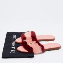 مملوكة مسبقًا Louis Vuitton Pink/Red Mink Fur Lock It Flat Slide Sandals Size 37.5