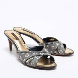 Pre Owned Louis Vuitton Blue/Grey  Monogram Denim Slides Size 37.5