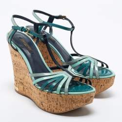Louis Vuitton Tri Color Patent Leather T-Strap Cork Wedge Platform Sandals Size 37