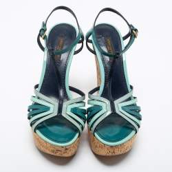 Louis Vuitton Tri Color Patent Leather T-Strap Cork Wedge Platform Sandals Size 37