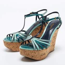 Louis Vuitton Tri Color Patent Leather T-Strap Cork Wedge Platform Sandals Size 37