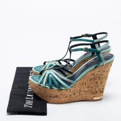 Louis Vuitton Tri Color Patent Leather T-Strap Cork Wedge Platform Sandals Size 37