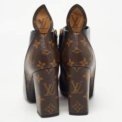 Pre Owned Louis Vuitton Black/Brown Monogram Canvas and Leather Rodeo Queen Ankle Boots Size 36