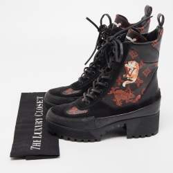 Pre Owned Louis Vuitton Brown/Black Suede And Coated Canvas Laureate Catogram Platform Ankle Boots Size 38