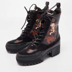 Pre Owned Louis Vuitton Brown/Black Suede And Coated Canvas Laureate Catogram Platform Ankle Boots Size 38