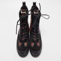 Pre Owned Louis Vuitton Brown/Black Suede And Coated Canvas Laureate Catogram Platform Ankle Boots Size 38