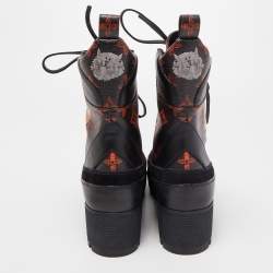 Pre Owned Louis Vuitton Brown/Black Suede And Coated Canvas Laureate Catogram Platform Ankle Boots Size 38