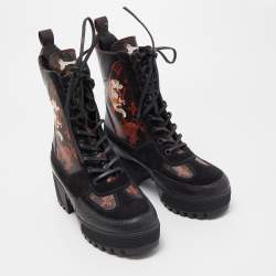 Pre Owned Louis Vuitton Brown/Black Suede And Coated Canvas Laureate Catogram Platform Ankle Boots Size 38