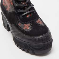 Pre Owned Louis Vuitton Brown/Black Suede And Coated Canvas Laureate Catogram Platform Ankle Boots Size 38