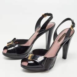 Louis Vuitton Black Patent Leather Bow Peep Toe Platform Slingback Sandals Size 38