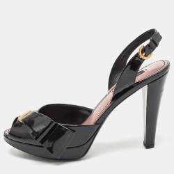 Louis Vuitton Black Patent Leather Bow Peep Toe Platform Slingback Sandals Size 38