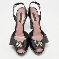 Louis Vuitton Black Patent Leather Bow Peep Toe Platform Slingback Sandals Size 38