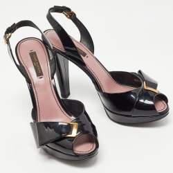 Louis Vuitton Black Patent Leather Bow Peep Toe Platform Slingback Sandals Size 38