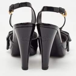 Louis Vuitton Black Patent Leather Bow Peep Toe Platform Slingback Sandals Size 38