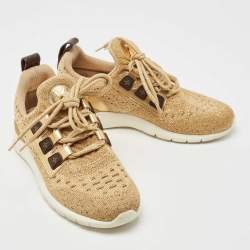 Pre Owned Louis Vuitton Gold Knit Fabric and Leather Aftergame Sneakers Size 36