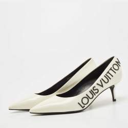 LOUIS VUITTON Monogram Cream Canvas Patent Leather Bow Kitten Heels, Size 6