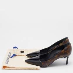 Pre Owned Louis Vuitton Brown/Black Monogram Canvas And Patent Leather Cap Toe Fetish Pointed Toe Pumps Size 37