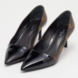 Pre Owned Louis Vuitton Brown/Black Monogram Canvas And Patent Leather Cap Toe Fetish Pointed Toe Pumps Size 37