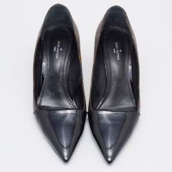 Pre Owned Louis Vuitton Brown/Black Monogram Canvas And Patent Leather Cap Toe Fetish Pointed Toe Pumps Size 37
