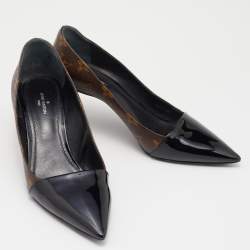 Pre Owned Louis Vuitton Brown/Black Monogram Canvas And Patent Leather Cap Toe Fetish Pointed Toe Pumps Size 37