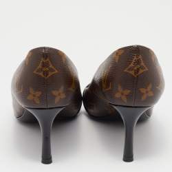 Pre Owned Louis Vuitton Brown/Black Monogram Canvas And Patent Leather Cap Toe Fetish Pointed Toe Pumps Size 37