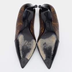 Pre Owned Louis Vuitton Brown/Black Monogram Canvas And Patent Leather Cap Toe Fetish Pointed Toe Pumps Size 37
