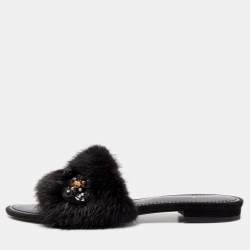 Louis Vuitton Black Mink Fur Crystal Embellished Flat Slides Size 37.5  Louis Vuitton