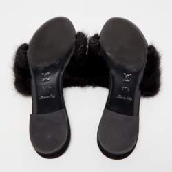Pre Owned Louis Vuitton Black Mink Fur Crystal Embellished Flat Slides Size 37.5