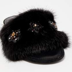 Pre Owned Louis Vuitton Black Mink Fur Crystal Embellished Flat Slides Size 37.5