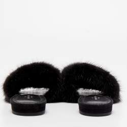 Pre Owned Louis Vuitton Black Mink Fur Crystal Embellished Flat Slides Size 37.5