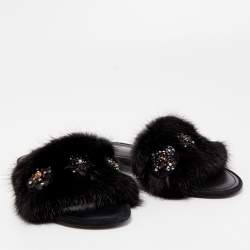 Pre Owned Louis Vuitton Black Mink Fur Crystal Embellished Flat Slides Size 37.5