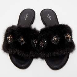 Pre Owned Louis Vuitton Black Mink Fur Crystal Embellished Flat Slides Size 37.5