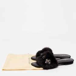 Pre Owned Louis Vuitton Black Mink Fur Crystal Embellished Flat Slides Size 37.5