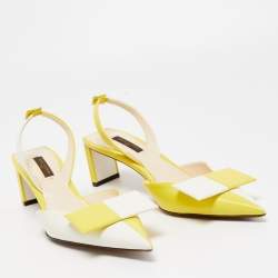 Pre Owned Louis Vuitton Yellow/White Leather Bow Slingback Pumps Size 37