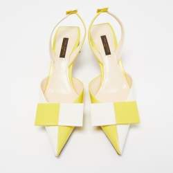 Pre Owned Louis Vuitton Yellow/White Leather Bow Slingback Pumps Size 37