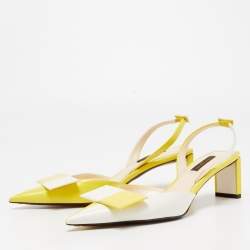 Pre Owned Louis Vuitton Yellow/White Leather Bow Slingback Pumps Size 37