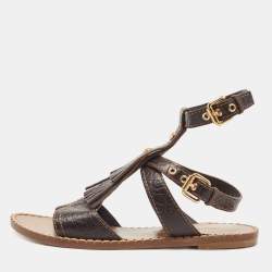 Louis Vuitton Brown Leather Ankle Strap Flat Sandals Size 37