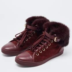 Louis Vuitton Burgundy Suede, Leather and Fur High Top Sneakers Size 38.5 