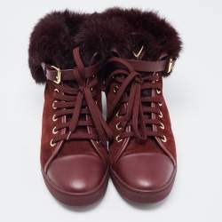 Louis Vuitton Burgundy Suede, Leather and Fur High Top Sneakers Size 38.5 